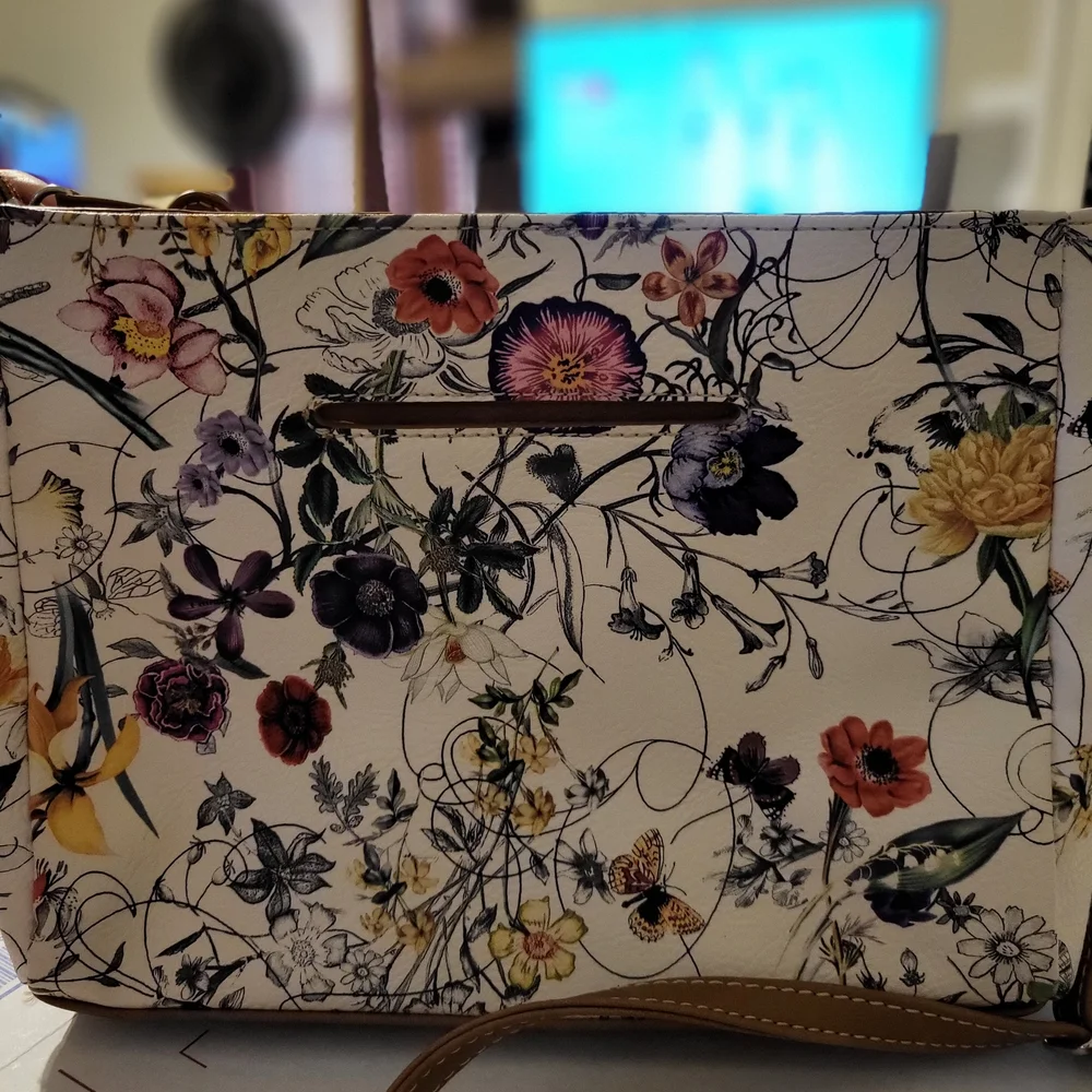 MultiSac Floral Crossbody/shoulder Bag Bag in Cream with Brown Trim - Picture 2 of 11